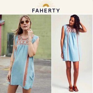 Faherty Queenie Embroidered Dress Chambray Blue XS Boho Cottage Core